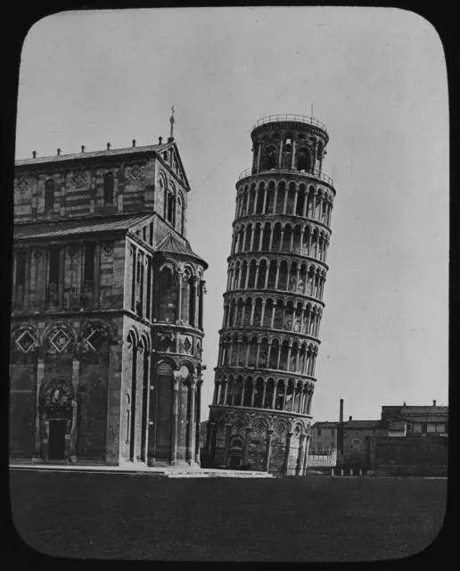 THE LEANING TOWER OF PISA C1890 ANTIQUE VICTORIAN Magic Lantern Slide PHOTOGRAPH