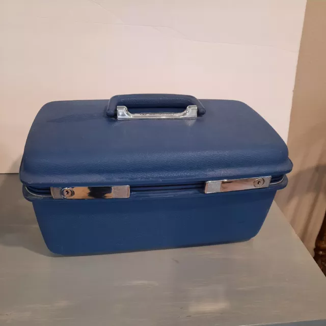 Vtg Samsonite Blue Hard Shell Makeup Cosmetic Vanity Train Case with Mirror Key