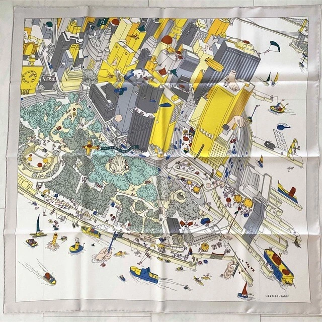Hermes Carre 90 silk 100% scarf THE BATTERY NEW YORK gray color Ladies used