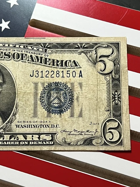 1934 A $5 Five Dollar Silver Certificate Blue Seal Nice Note J31228150A 2