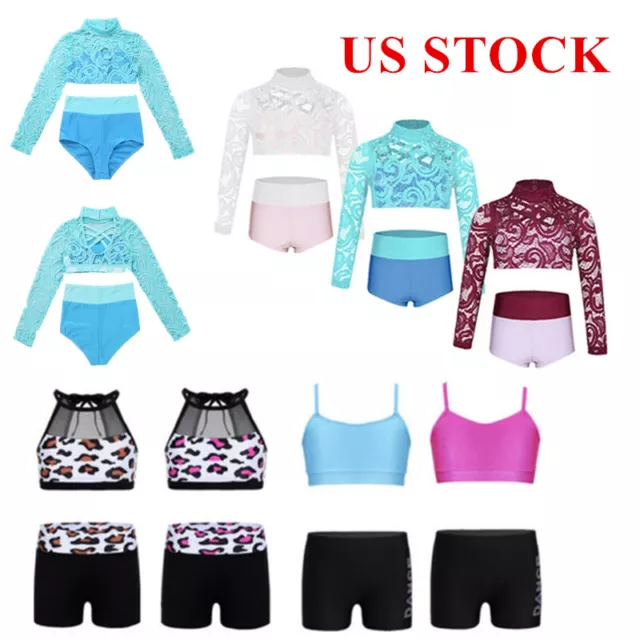 US Kids Girls Ballet Dance Costume Tankini Set 2 Piece Crop Top Bottoms Outfits