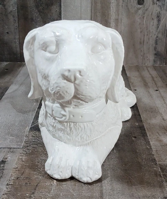 LARGE 15×9x8 LAYING PUPPY DOG GUARDIAN ANGEL STATUE SCULPTURE WHITE CERAMIC 9