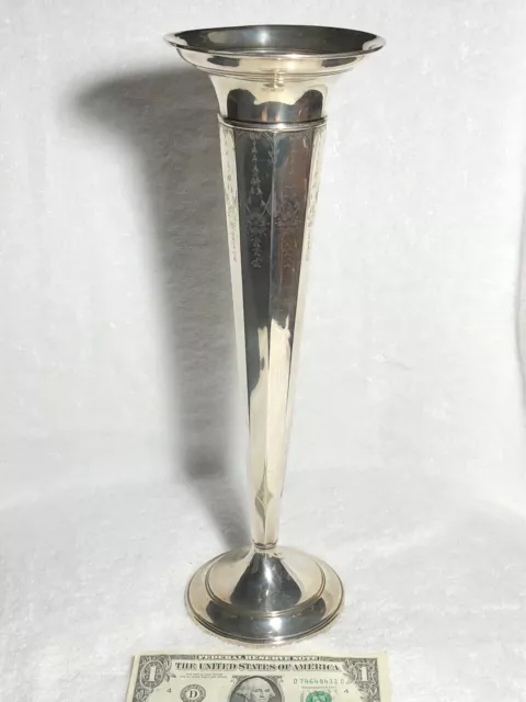 Tall Slender La Pierre Sterling Silver Trumpet Vase 8 Floral-Etched Sides Art De