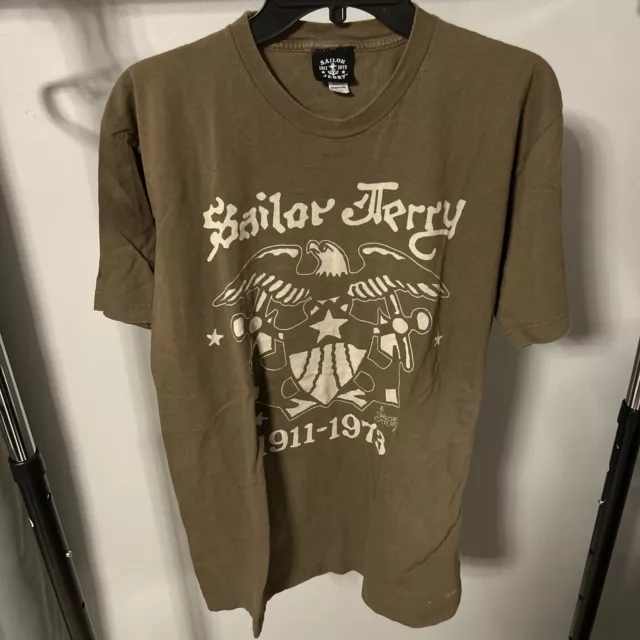 Men’s Y2K Short Sleeve T-Shirt Sailor Jerry Size XL 1911-1973 Army Green