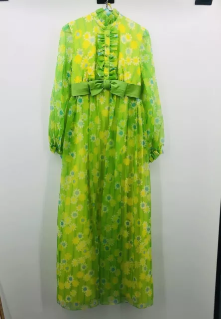 Vintage 1960s Green Groovy Boho Hippie Flower Power Mod Maxi Prom Dress No Size