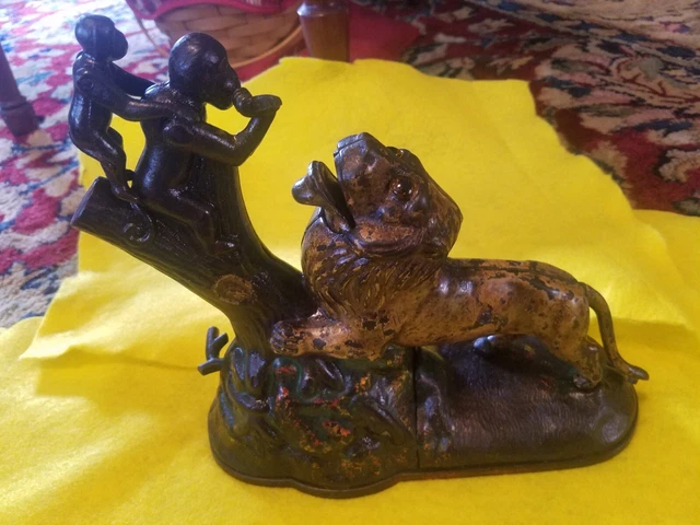 Vintage Original Lion & 2 Monkeys Cast Iron Mechanical Bank - Kyser & Rex - 1883