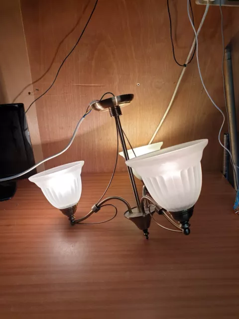 Antique Brass & Frosted Glass 3 Arm Semi Flush Ceiling Light Fitting Chandelier