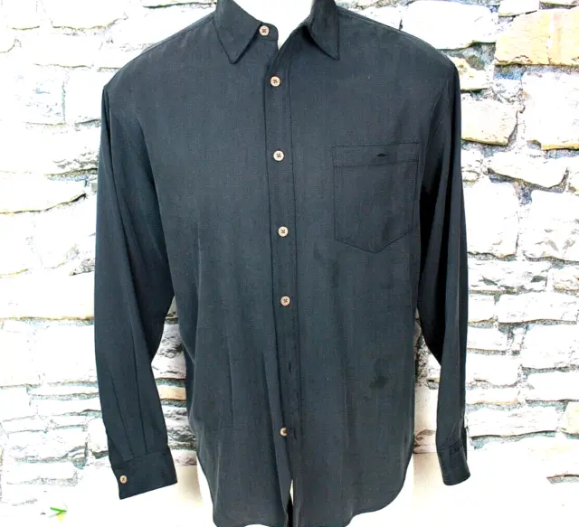 TOMMY BAHAMA Men's Shirt Black All Silk Fine Line Twill Point Collar M