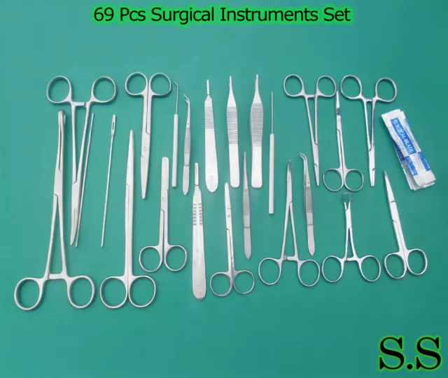 69 Pc Stainless Steel Body Piercing Kit Forcep Hemostat Scissors Tweezers