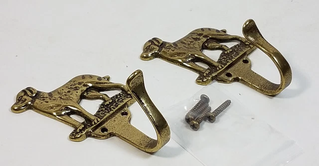 Pair Solid Brass Lab Retriever Dog Coat Hooks Hat Hanger Metal Wall Hooks 2