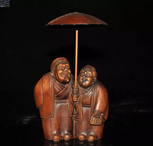 6"  Chinese Boxwood wood An old married couple Old man Wife Pair Umbrella statue