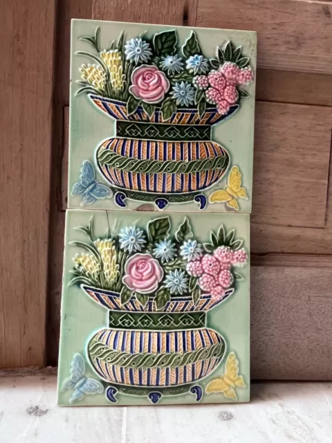 Antigüedad Cesta de Frutas Mariposa Relieve Art Nouveau Mayólica Azulejo Japón 2 3