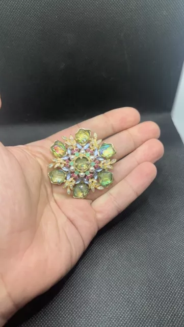 Vintage Anne Klein Pin Brooch Multicolor Blue Green Rhinestones Flower Snowflake