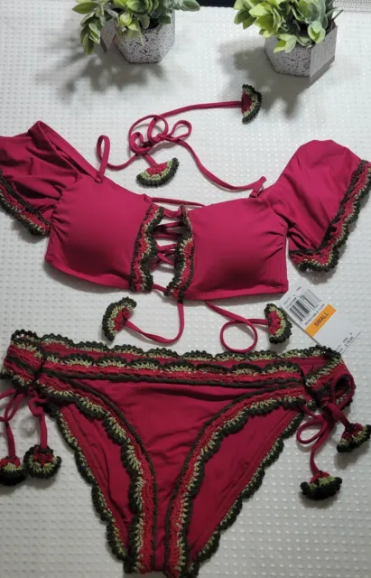 Becca By Rebecca Virtue Swim Bikini Womens Set Adjustable Fiusha Size S New