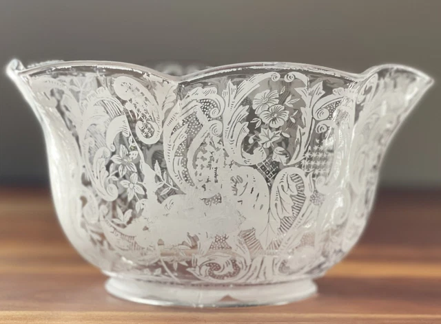 Antique Acid Etched Glass Floral Filigree Oil Lamp Shade Victorian Ruffled 4”