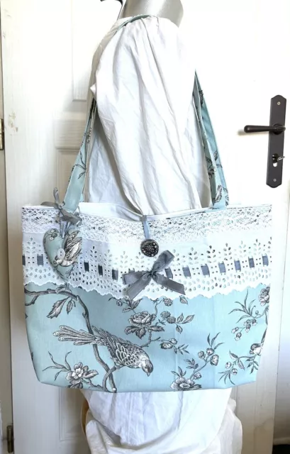 SAC tissu, «  Toile de Jouy  », bleu , Brodé , NEUF