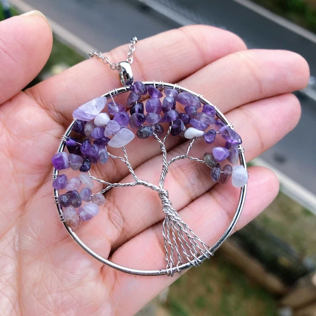 Amethyst Stone Tree Of Life Pendant Necklace Chakra Reiki Healing Amulet