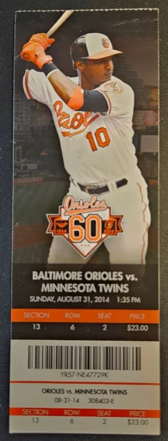 Baltimore Orioles Minnesota Twins Baseball Ticket 8/31 2014 Wei-Yin Chen Cruz HR