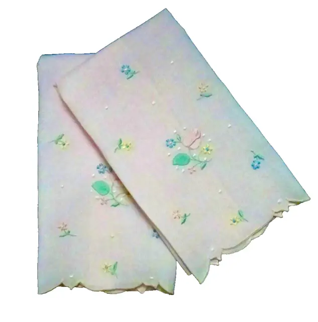Vintage Madeira Embroidery Linen Guest Hand Towels, (2) Floral Handwork on Pink