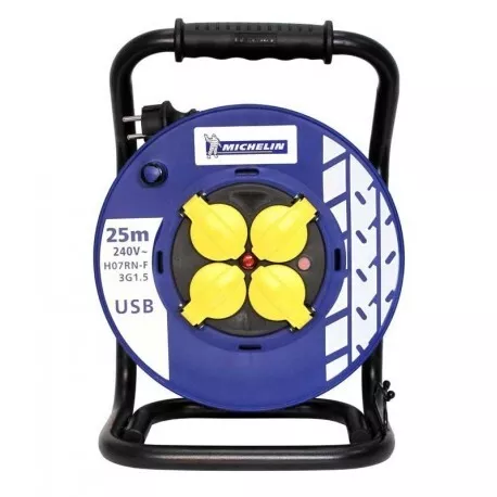 Enrouleur électrique 25m avec 3 prises 2P+T 16A et prise USB cable H07RNF 3G1.5