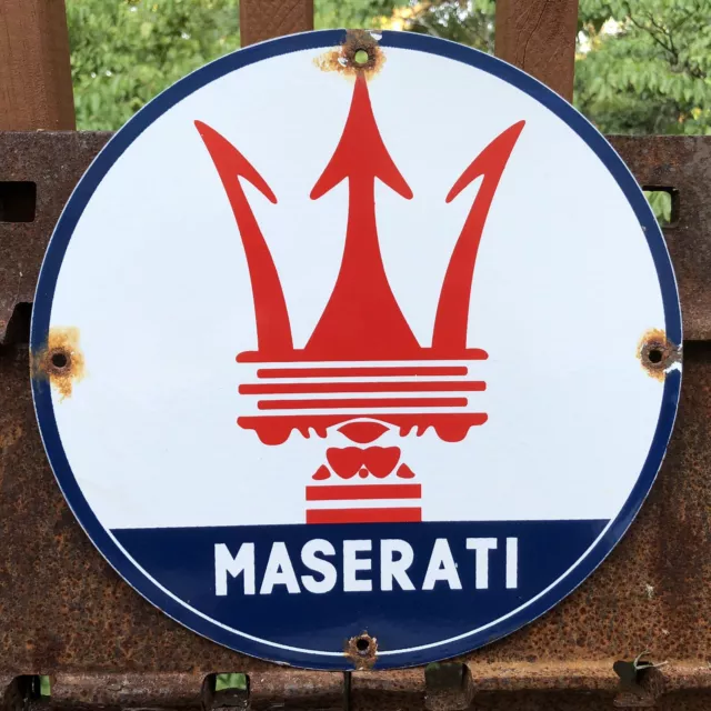 Vintage Maserati Porcelain Dealer Sign Italian Automobile Gas Oil Sales Service