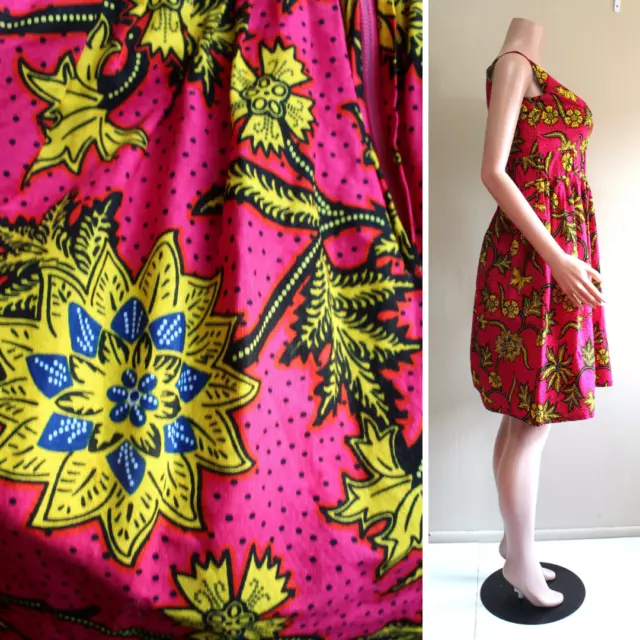 Hand Made M Ankara Wax Cotton Dress African Fuchsia Yellow Back Zip Sleeveless