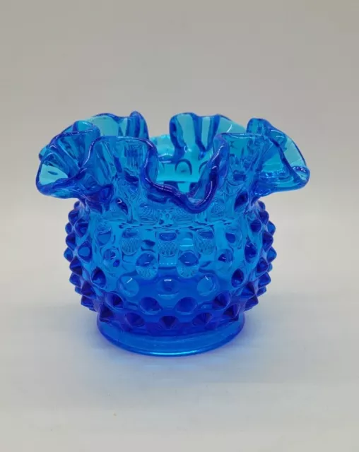 VTG Fenton Cobalt Blue Crimped Hobnail Mini Art Glass Vase 4” Ruffled