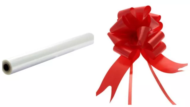 Clear Cellophane 3 Meters x 80cm Wide Gift Wrap  & 1 Large Red Pull Bow