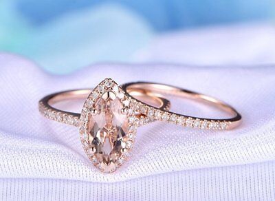 1.85Ct Marquise Cut Morganite Halo Engagement Ring 14K Rose Gold Finish - 925