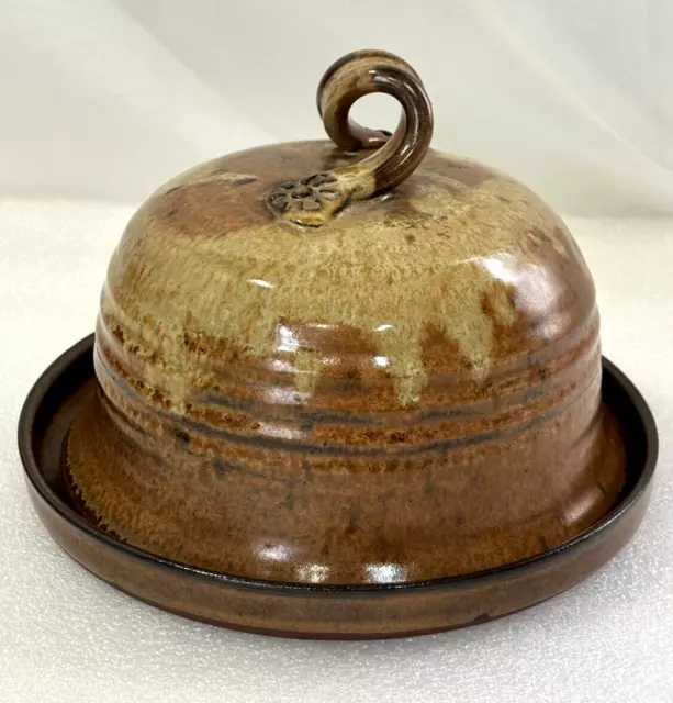 Hand Thrown Pottery Covered Butter Dish Cheese Plate Brown & Beige Drip Glaze