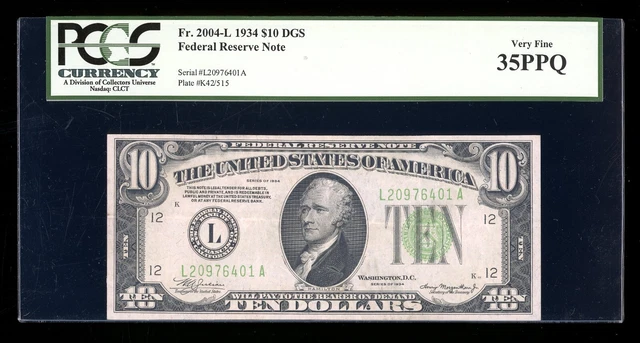 DBR 1934 $10 DGS FRN San Francisco Fr. 2004-L PCGS 35 PPQ Serial L20976401A