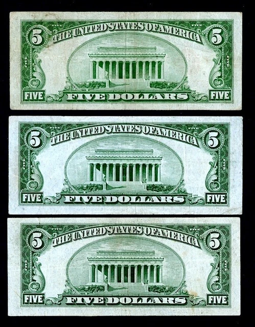1928 $5 Red Seal Legal Tender - 1934 $5 Silver Cert. - 1934 $5 Frn. 3