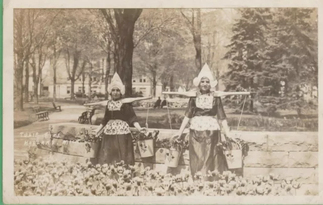 Vintage Michigan MI Postcard RPPC Photo Children Holland Tulips Festival 1947