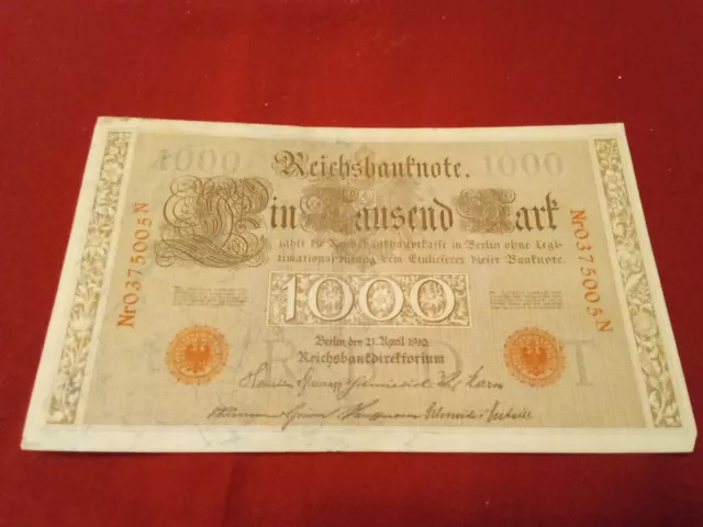 1000 Reichsbanknote Mark Berlin 21.4.1910 rote Stempel gut erhalten