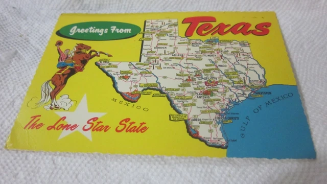 Postcard Greetings from Texas state map the lone star state scallop edge used