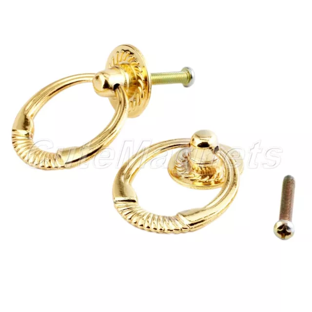 2 Cabinet Closet Drawer Vintage Gold Drop Pull Ring Handles Knobs W/ Screws C1M2
