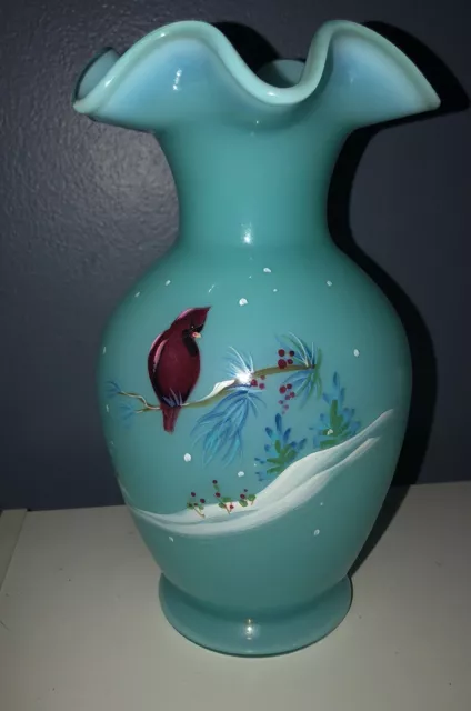 Ruffled Hand Painted Vase With Cardinal In Beautiful Blue -Signed By Jk Spindler