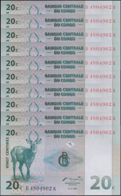 Congo Democratic Republic 20 Centimes, 1997, P-83, UNC X 10 PCS