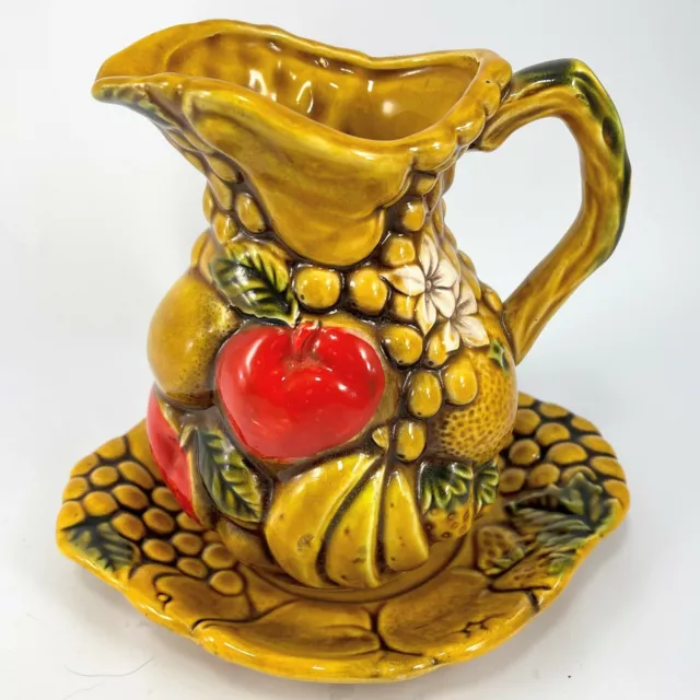 Vtg 60s Ardco Majolica Japan Small Pitcher / Tray Harvest Fruit