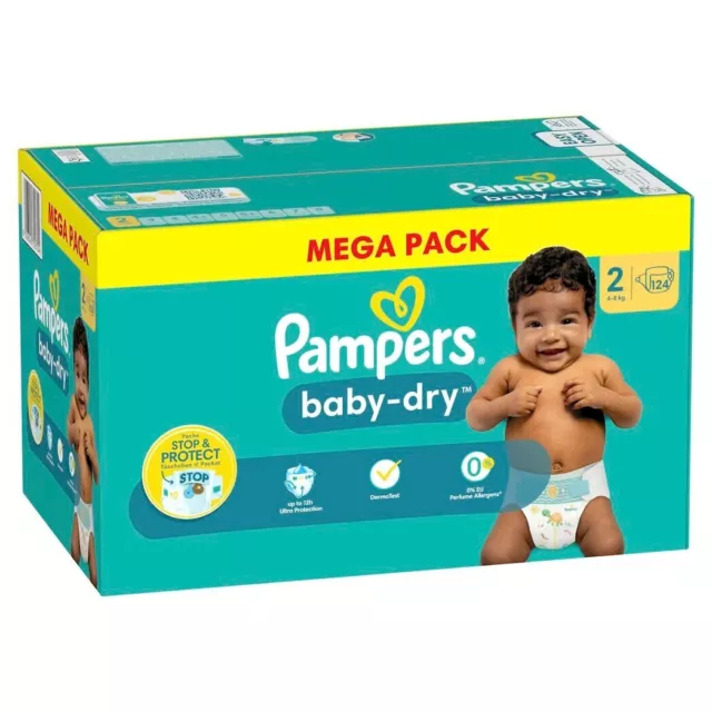 Pack 124 Couches PAMPERS "BABY-DRY" Taille 2 (4 à 8 KG) Bébé Premium Protection