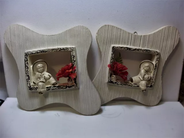 lot 2 MCM 50's 60's Asian Plaster Chalkware Japanese boy girl wall art sculpture