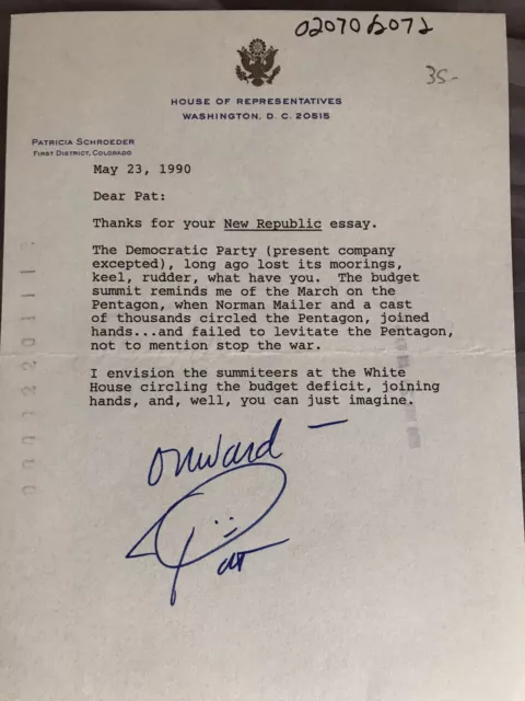 Patricia Schroeder Typed Letter Signed - To NY Senator Daniel P. Moynihan