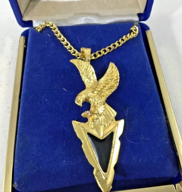 Men's Gold Eagle Necklace On Arrowhead W/Black Stone New Boxed