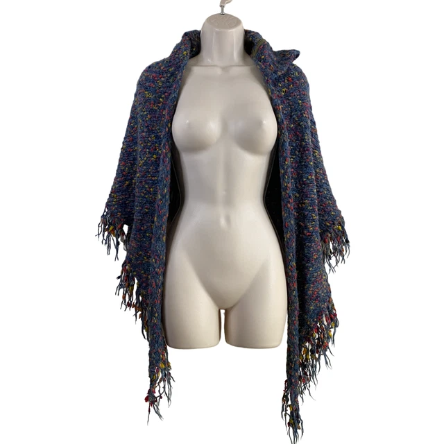 CAbi 341 Blue Multi Donegal Boucle Knit Hooded Shawl Sweater Women's One Size