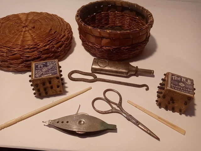 1894 Antique Sewing Kit Wicker Basket Machine Oil, Boye Needle Neus Bro Gromully