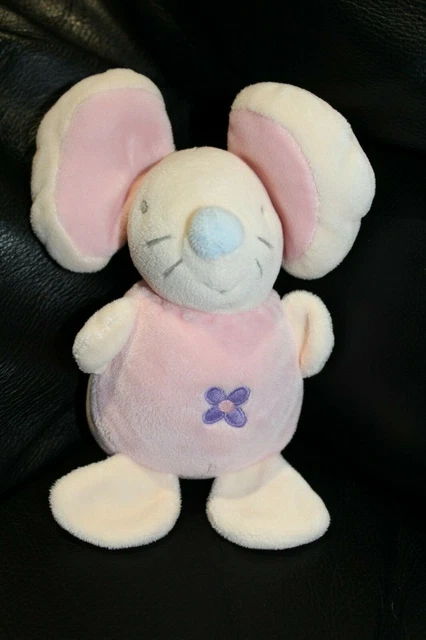 Doudou peluche souris rose et blanc écru AJENA brodé fleur violette grelot TTBE