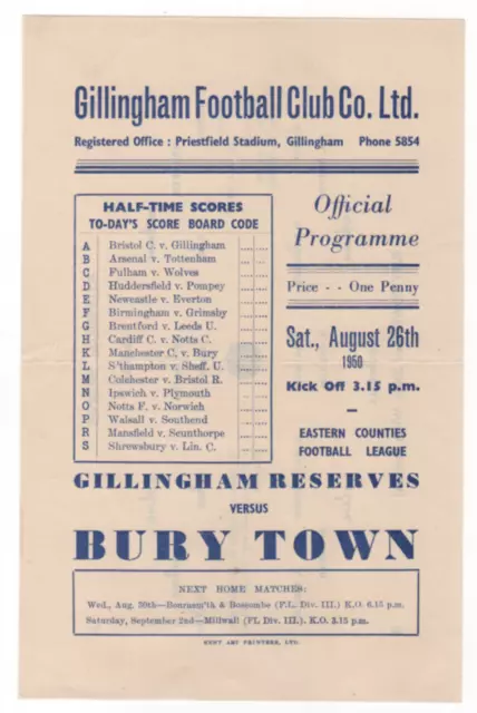 Gillingham V Bury Town 1950-51 Eastern Counties Aug 26Th First League Season S/S