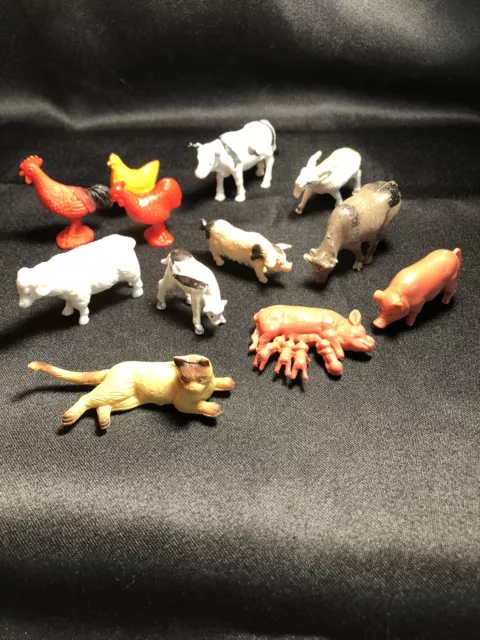 Lot Of 12 Vintage Small Plastic PVC Toy Farm Animals Pig Chicken Cow Cat Goat