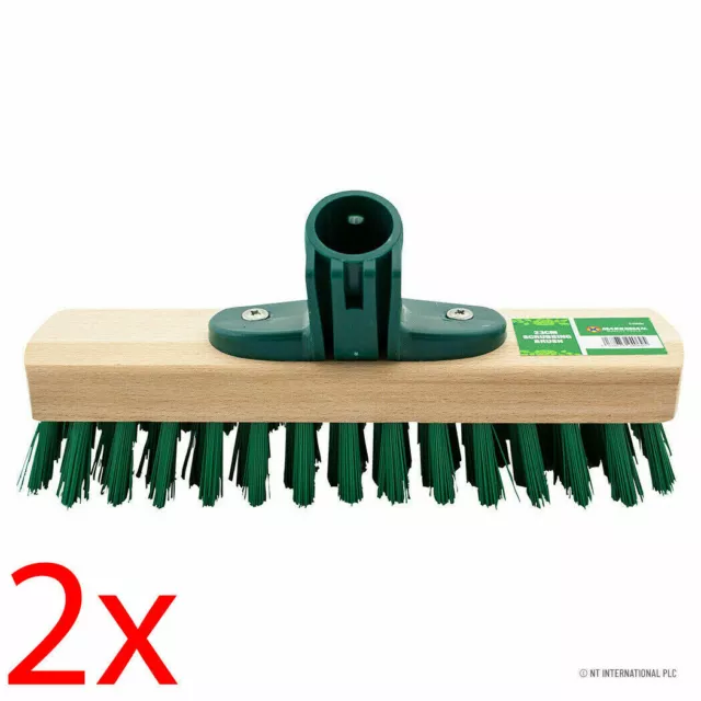 2 X Wooden 23Cm Scrubbing Brush Head Stiff Green Bristle Tool Decking Cleaning