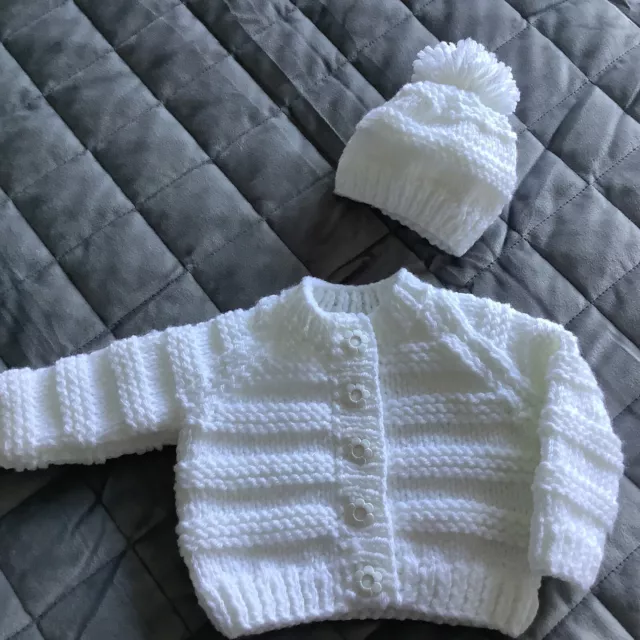 Baby Girls White  Chunky Hand Knitted Cardigan And Hat Set Age 0-3 Months